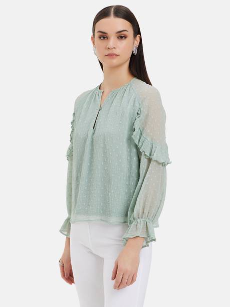 Casual Ruffled Sleeves Self Design Women Green Top