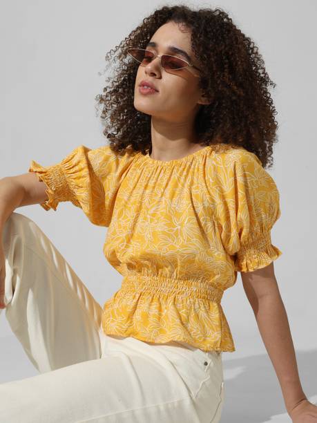 Casual Puff Sleeves Printed Women Yellow, White Top