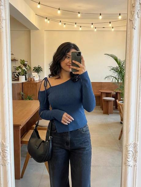 Party One Shoulder Sleeves Solid Women Blue Top