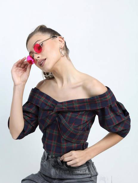 Casual Regular Sleeves Checkered Women Dark Blue Top