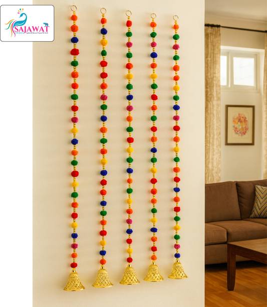 SAJAWAT INDIA Set of 5 Piece Multicolor Pom Pom Strings for Decoration 40 Inches Length Toran