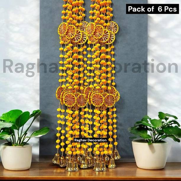 राघव डेकोरेशन Pompom Door Hanging Toran with Bells – 6 Pcs Set तोरन