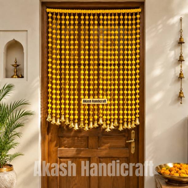 Raghav Decoration Yellow Pom Pom Door Hanging with Golden Bells for Haldi Decor, Pack of 10 Pcs Toran