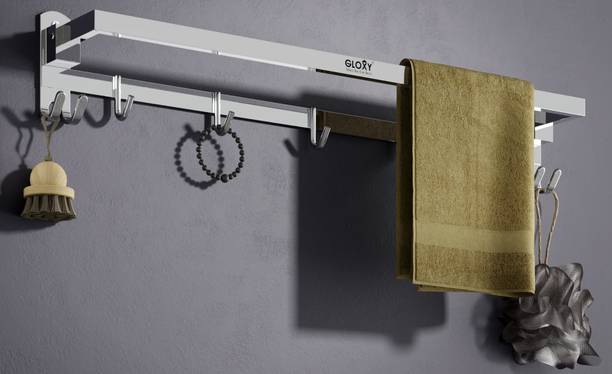 GLOXY Space-Saving Foldable Towel Holder with Hooks & Hanger Premium Stainless Steel Metal Wall Mount Sideboard