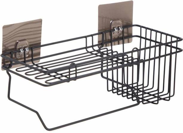 Birud Rustproof Metal Bathroom Shower Caddy, Bathroom Shelf Wall Hanging Storage Organizer Kitchen Rack Self with Shampoo, Soap Holder and Towel Rack Hanger-with Adhesive 2 Hook pad Stainless Steel Wall Shelf