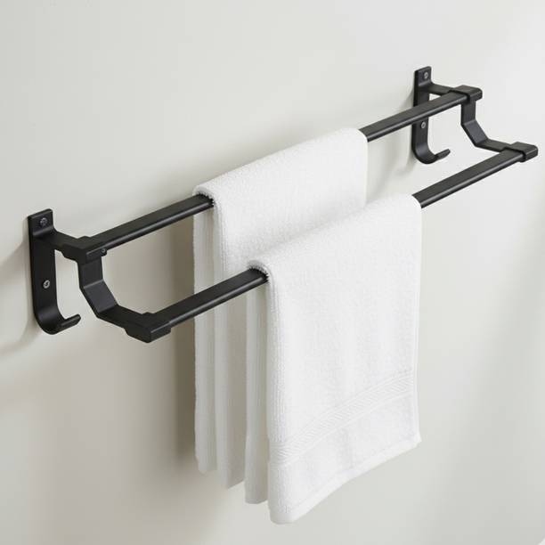 iBELL IBL 66-HG Double Towel Rod with Hooks, 60 cm (24-Inch) Wall Mounted Double Bar Dark Grey Towel Holder Stainless Steel