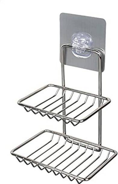 DARK UNION SHOP Wall Mounted Double Layer soap Dish Holder Stainless Steel Wall Hanging Soap Storage Rack for Kitchen Bathroom-with Self Adhesive Magic Sticker