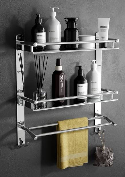 GRIVAN Premium Multipurpose Bathroom Rack/Shelf/Stand With Towel Holder Silver Towel Holder