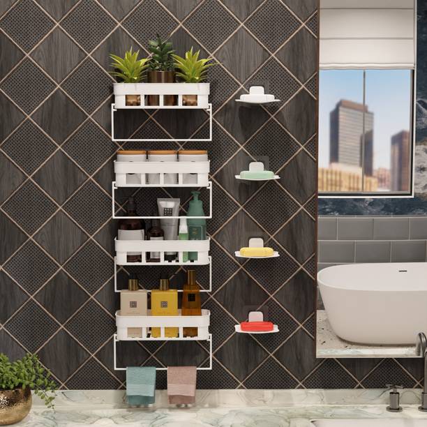 ZUCUR Kitchen Bathroom Rack Bathroom Storage Rack ( 4 Bathroom Shelves + 4 soap Box) Plastic Wall Shelf