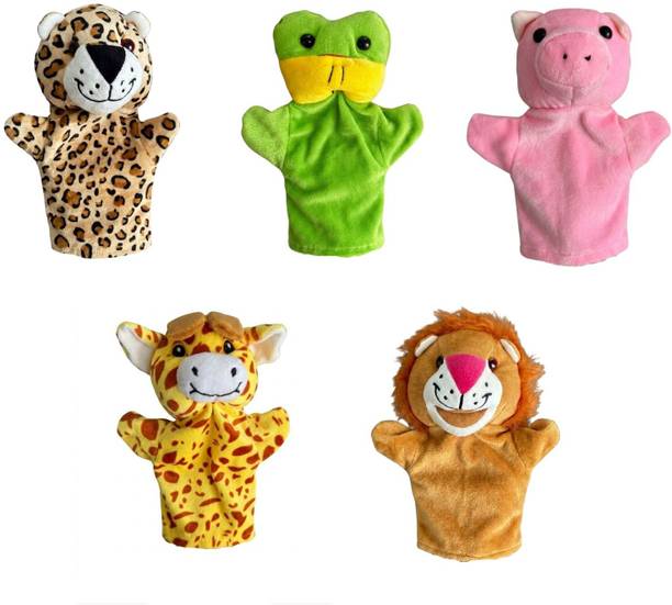 Toys cartel Frog, Giraffe, Pig, Cheetah & Lion Hand Puppet Combo Soft Toy Puppet Doll Set Hand Puppets