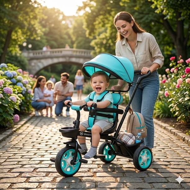 BRAVETOT Tricycle Stroller with Adjustable Push Handle, Folding Canopy, Safety Guardrail BLACK BASKET CANOPY MODEL 01 Tricycle