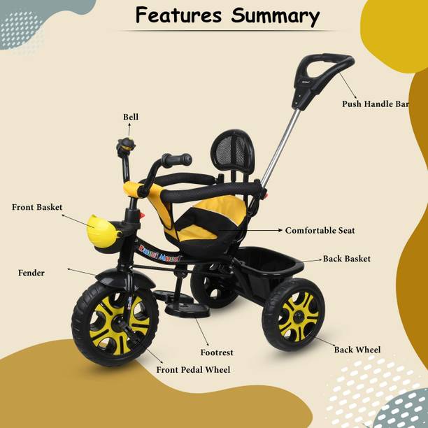 TOYSHOPPEE Premium Baby Tricycle/Ride On Stylish with Cushione Seat and Push Bar RR-10_YELLOW Tricycle