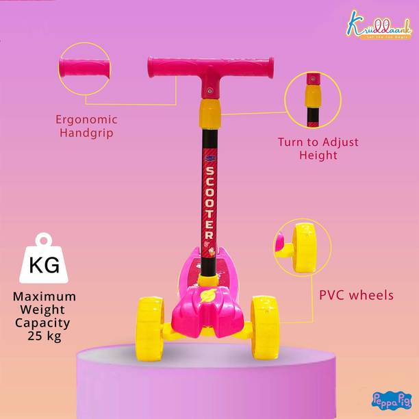 Kriiddaank Peppa Pig 3 Wheel Kick Scooter Adjustable Height Safe for Girls 3-8 Years