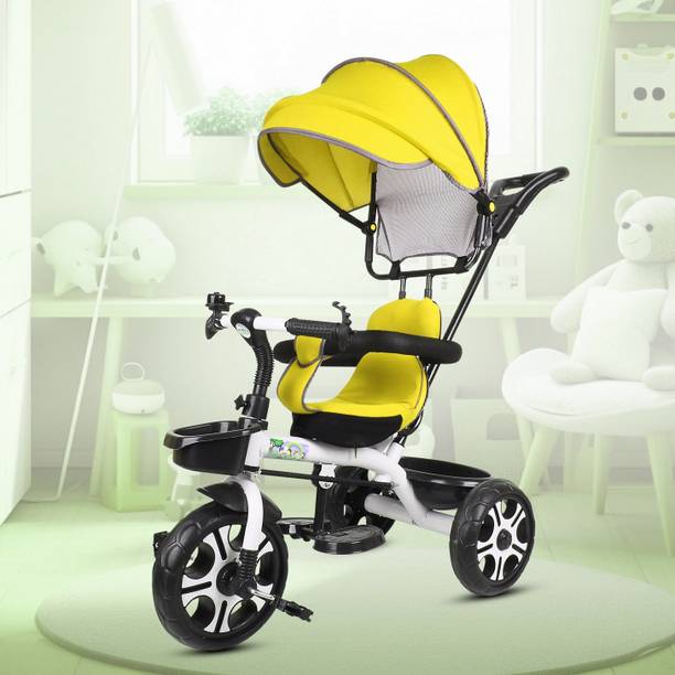 TOYSHOPPEE New Canopy Tricycle with Soft Seat,Front-Back Basket,Parental Push Handle,Bell New Canopy Tricycle for Babys with New Colours Yellow::Black Tricycle