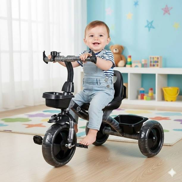 BRAVETOT Kids Tricycle with Front & Rear Storage Baskets, Bell and Safety Belt BLACK BASKET MODEL 03 Tricycle