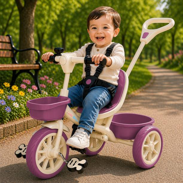 Little Olive Kids Tricycle with Parent Handle, Safety Harness, Storage Basket & Wide Wheels Tricycle