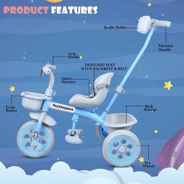टॉयशोप्पी Sturdy Tricycle with Parental Push Handle,Leather Cushioned Seat, Stylish storage basket,Anti Slip peddles & Protective Arm Rest for 1-5 Year Kids ट्राईसाइकिल