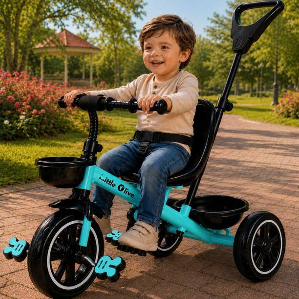 Little Olive Premium Kids Tricycle with Parent Handle, Safety Belt & Storage Basket Tricycle