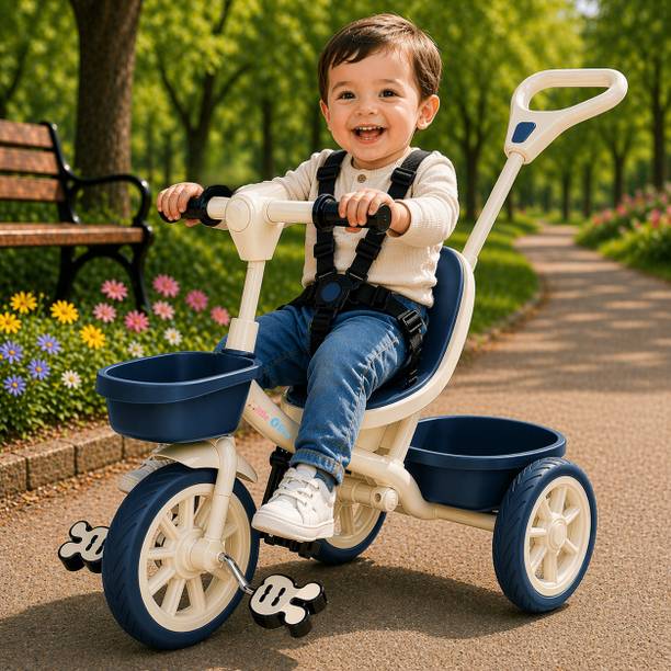 Little Olive Kids Tricycle with Parent Handle, Safety Harness, Storage Basket & Wide Wheels Tricycle