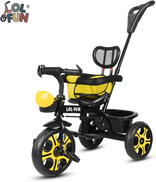 LOL-FUN Tricycle with Parental Handle | back rest and Dual Storage Basket kids foldable toddler riding Tricycle
