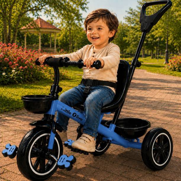 Little Olive Premium Kids Tricycle with Parent Handle, Safety Belt & Storage Basket Tricycle
