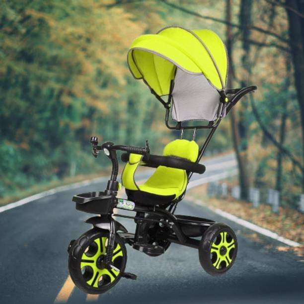 TOYSHOPPEE Model Canopy Tricycle with Soft Seat,Front-Back Basket,Parental Push Handle,Bell New Model Canopy Tricycle for Babys with New Colours Tricycle