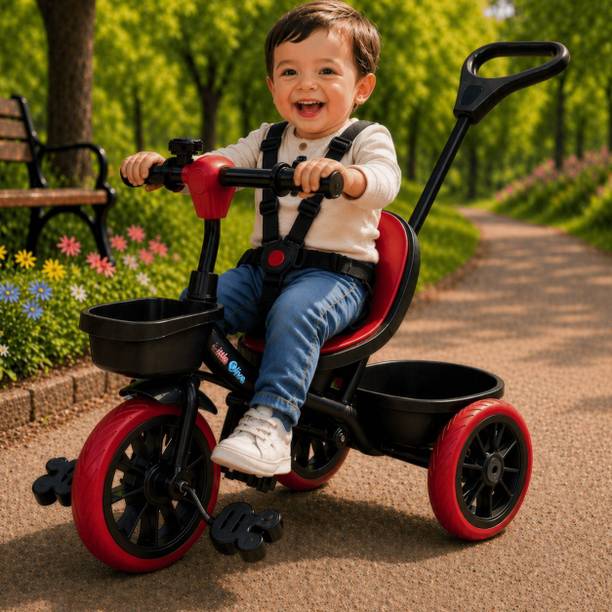 Little Olive Kids Tricycle with Parent Handle, Safety Harness, Storage Basket & Wide Wheels Tricycle