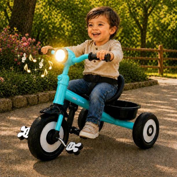 Little Olive Kids Tricycle with Headlight, Stable Wheels, Rear Basket and Comfortable Seat Tricycle