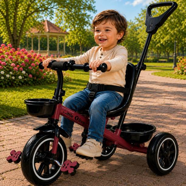 Little Olive Premium Kids Tricycle with Parent Handle, Safety Belt & Storage Basket Tricycle