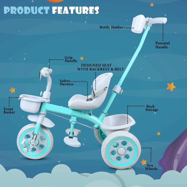 टॉयशोप्पी Sturdy Tricycle with Parental Push Handle,Leather Cushioned Seat, Stylish storage basket,Anti Slip peddles & Protective Arm Rest for 1-5 Year Kids ट्राईसाइकिल