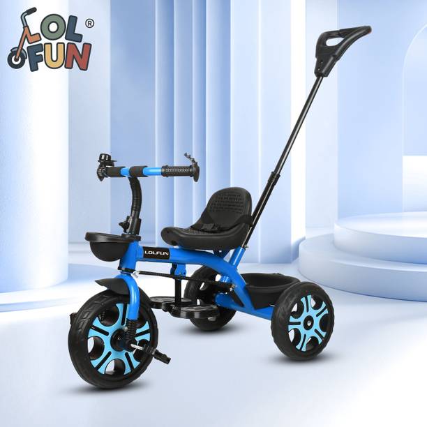 LOL-FUN Tricycle with Parental Handle | Blue wheels and Dual Storage Basket HDL- 03 Tricycle