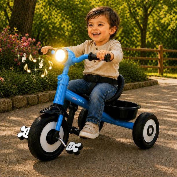 Little Olive Kids Tricycle with Headlight, Stable Wheels, Rear Basket and Comfortable Seat Tricycle