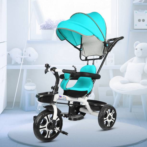 TOYSHOPPEE New Canopy Tricycle with Soft Seat,Front-Back Basket,Parental Push Handle,Bell New Canopy Tricycle for Babys with New Colours Yellow::Black Tricycle