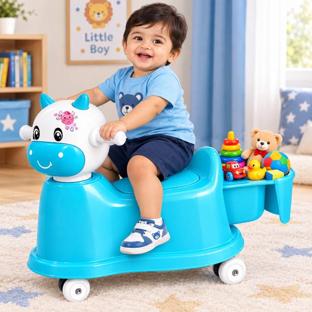 Stepupp BLUE RIDEON POTT MUSICAL WITH TYRE STP G LIGHT BLUE HANDLE FRONT AND BACK BASKET FOR BABY-02 Tricycle