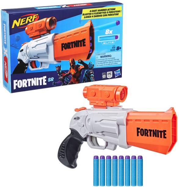 Nerf Fortnite SR Blaster, 4-Dart Hammer Action, Removable Scope and 8 Darts, For Youth, Teens, Adults Guns & Darts