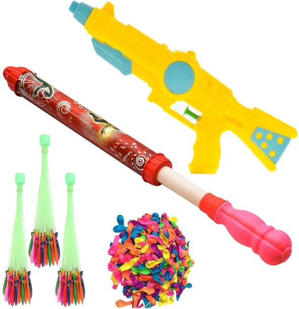 Brown Leaf (2 Pichkari +3 Magic Balloon +200 Water Balloon)Combo Pack for Holi Party Water Gun