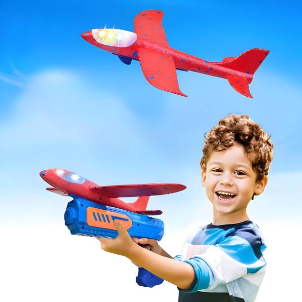 Toybot Airplane Launcher Toy Foam Glider LED Light Airplane 2 Flight Mode Shooting Gun Slingshots