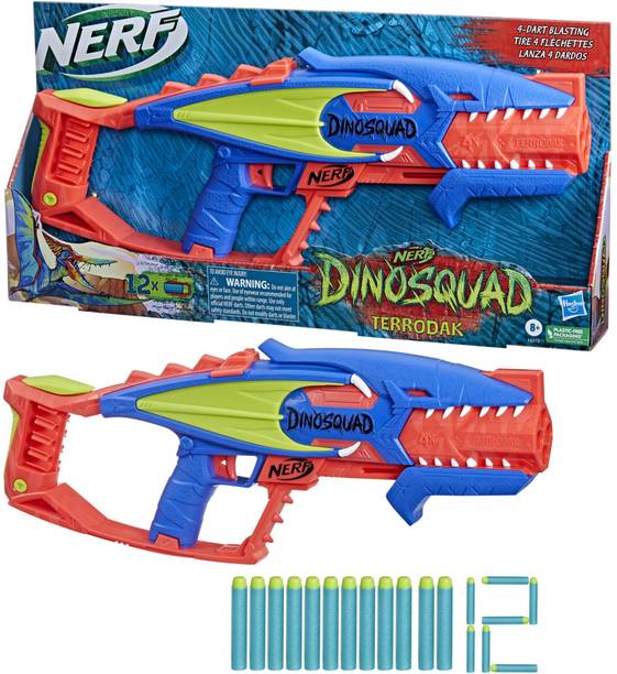 Nerf DinoSquad Terrodak 4 Dart Blasting, Dart Storage, 12 Elite Darts for Kids Guns & Darts