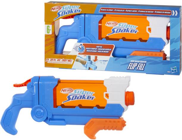 Nerf SuperSoaker Flip Fill Water Blaster, 4 Sprays, 890ml Tank, Branded Holi Pichkari Guns & Darts