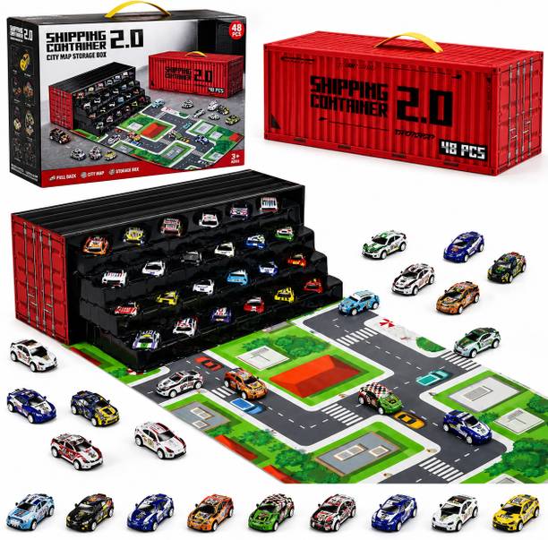 STOFFIER GARTEN 48 Pull Back Toy Cars with Storage Container Darts & Plastic Bullets