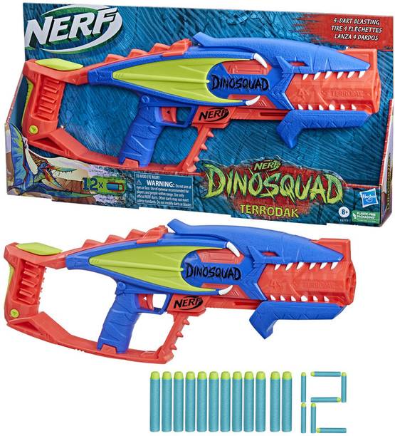 Nerf DinoSquad Terrodak 4 Dart Blasting, Dart Storage, 12 Elite Darts for Kids Guns & Darts