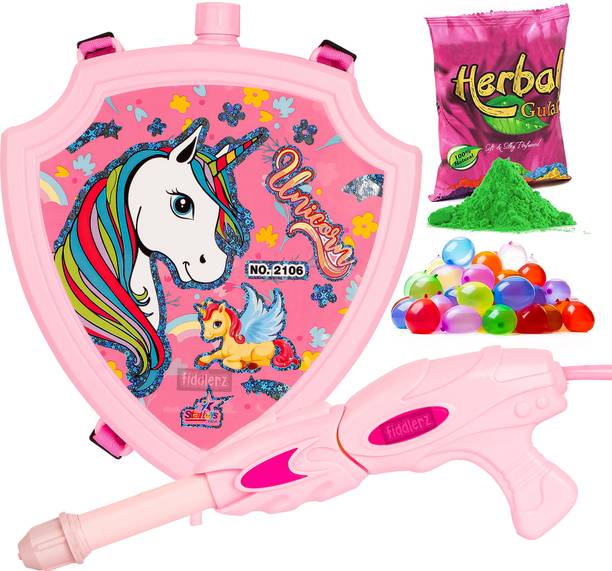 FIDDLERZ Water Gun Pichkari back holding tank 100 Balloons 1 Pkt Holi Gulal Color Water Gun