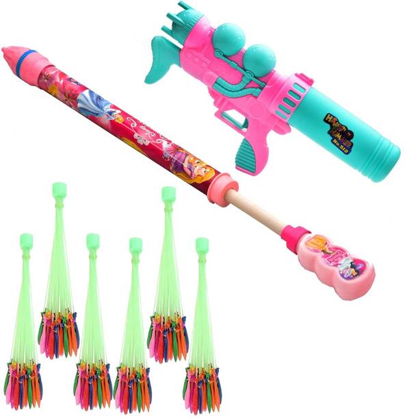 Brown Leaf Pack of 2 Holi Water Gun Pichkari +6 Magic Balloon For Holi & Summer Pool Party Water Gun
