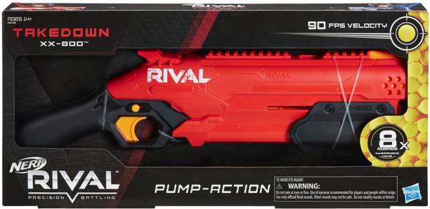 Nerf Rival Takedown XX-800 Blaster -- Pump Action, Breech-Load, 8-Round Capacity, 90 FPS, 8 Official Rival Rounds -- Team Red Guns & Darts