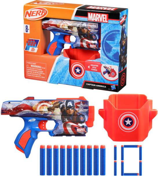 Nerf Marvel Captain America Dart Blaster, 10 Elite Darts, Holster, Age 8+ Guns & Darts