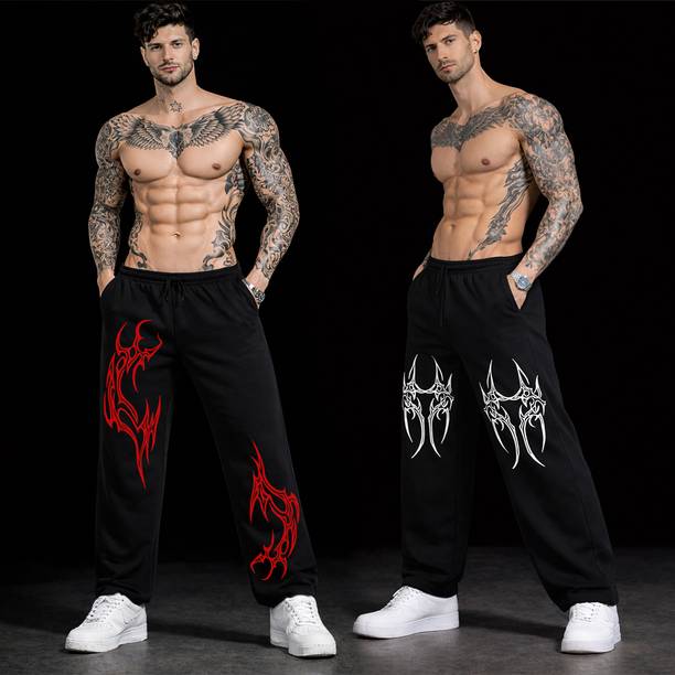 Pack of 2 Men Printed Black, Black Track Pants