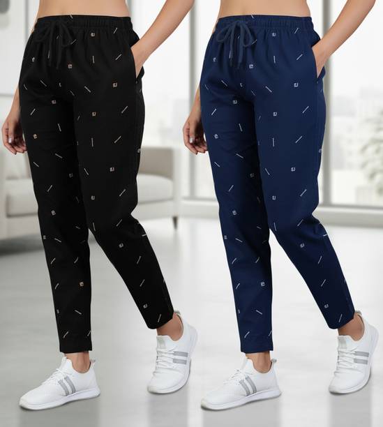 Pack of 2 Women Printed Black, Blue Track Pants