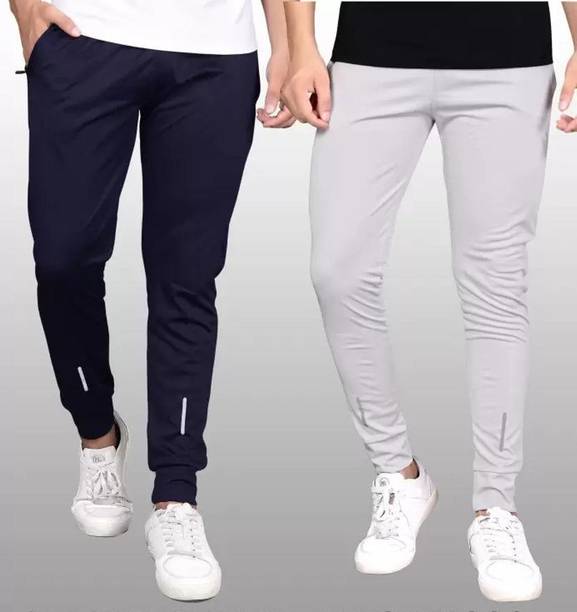 Pack of 2 Men Solid Dark Blue, Grey Track Pants