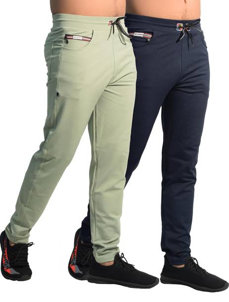 Pack of 2 Men Solid Light Green, Blue Track Pants