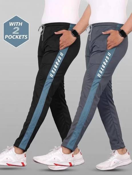 Pack of 2 Men Striped Black, Grey Track Pants
